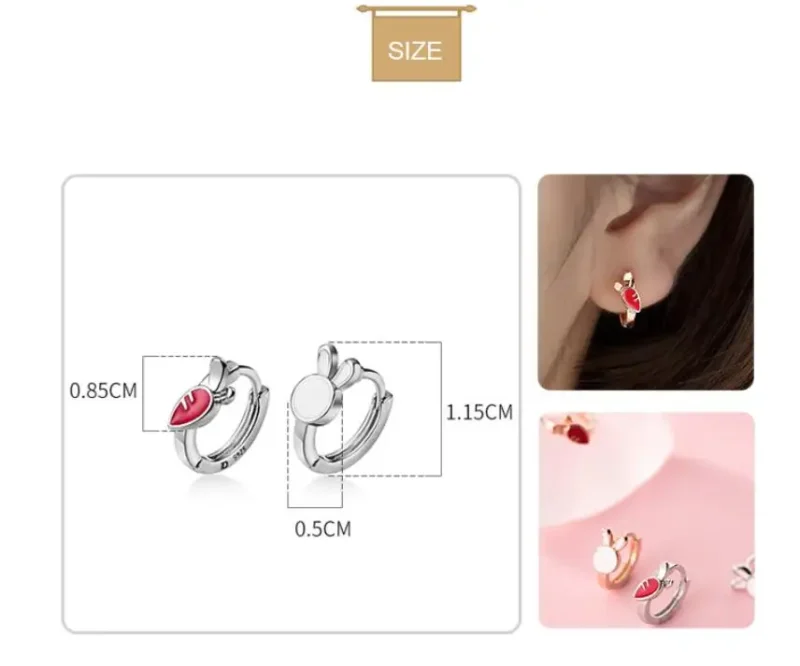 SMTCAT New 925 Sterling Silver Mini Tiny Rabbit Carrot Asymmetry Hoop Earring for Women Fashion Ear Pin Fine Jewelry Kids Gift – Image 10