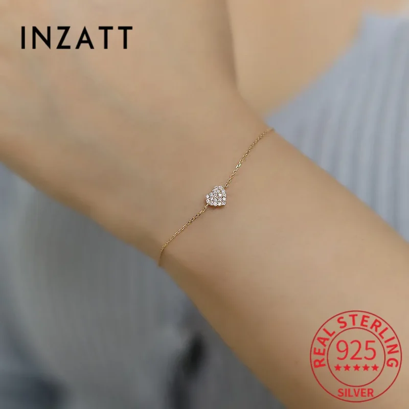 INZATT Real 925 Sterling Silver Zircon Heart Chain Bracelet for Women Classic Fine Jewelry Minimalist Accessories